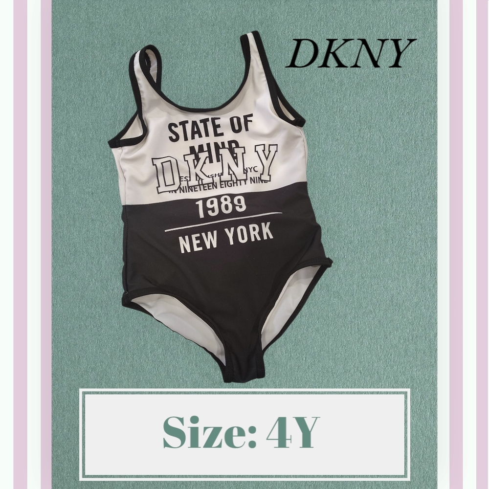 DKNY Black and White One Piece Swimsuit with Bold Typography